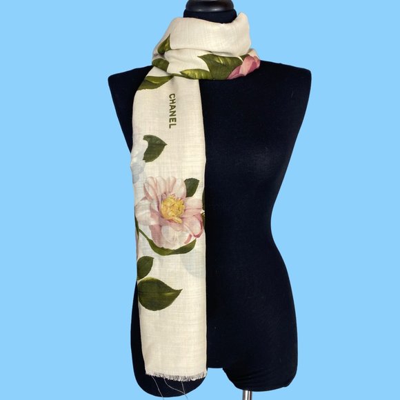 CHANEL Accessories - Vintage Chanel Cashmere Silk Camellia Raw Edge Shawl